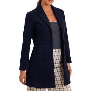 Allegra K Women's Pea Coat Notched Single Breasted Button Down Deep Blue